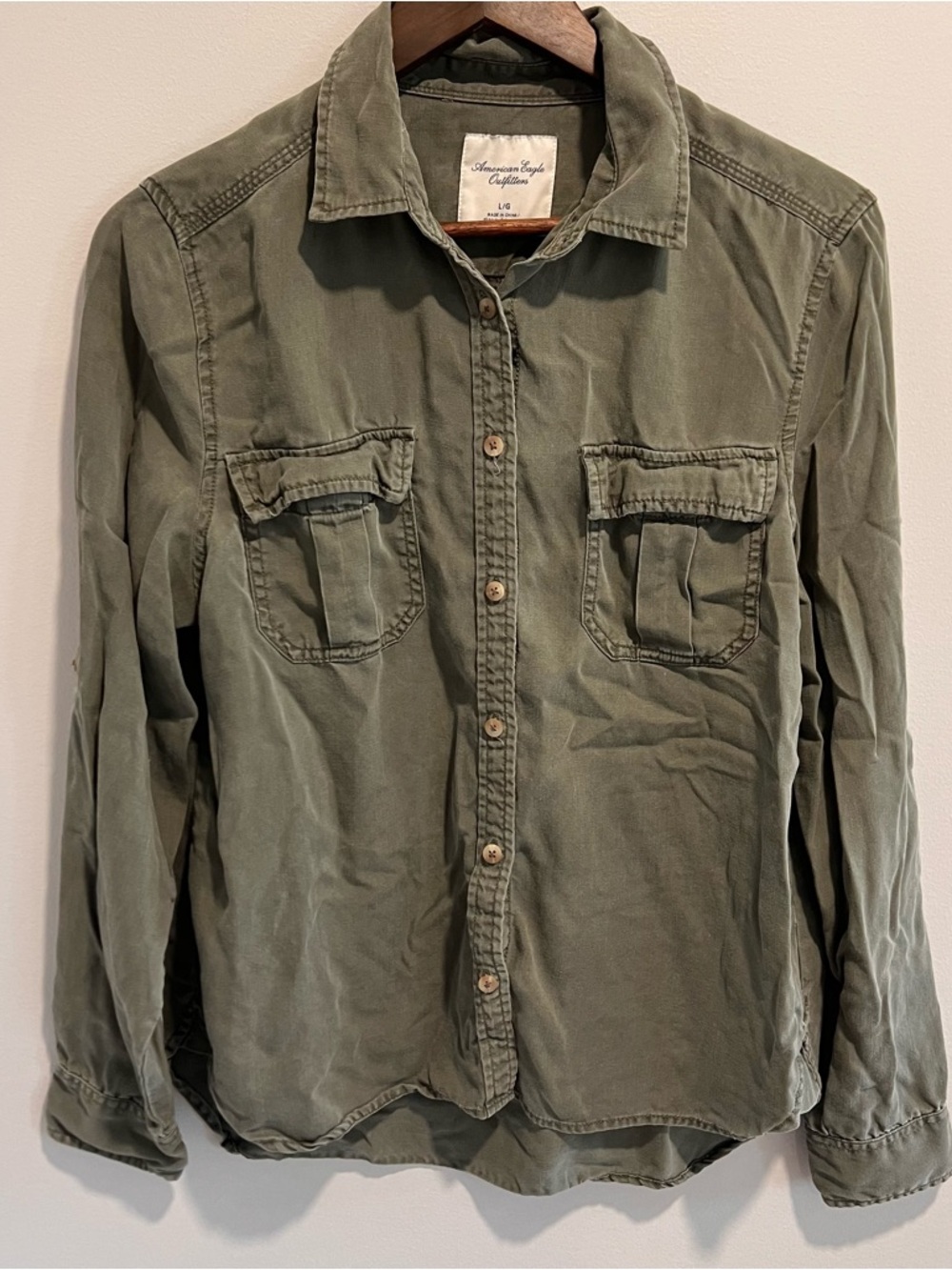 American Eagle Outfitters Olive Utility Shirt with Chest Patch